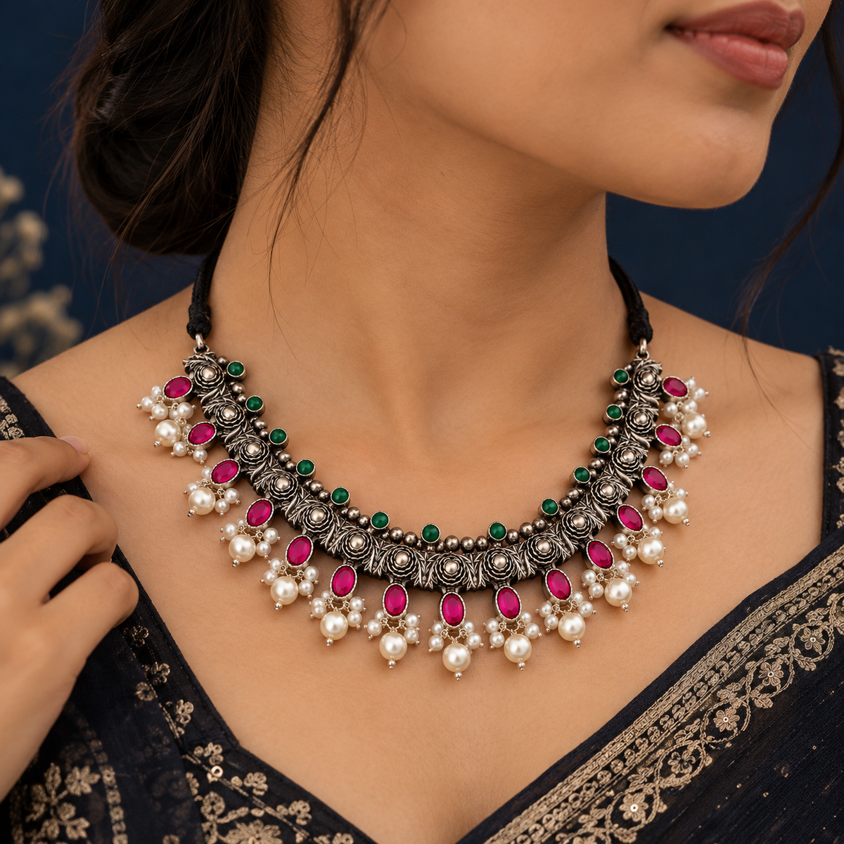 Royal & Emerald Pearl Oxidised Choker
