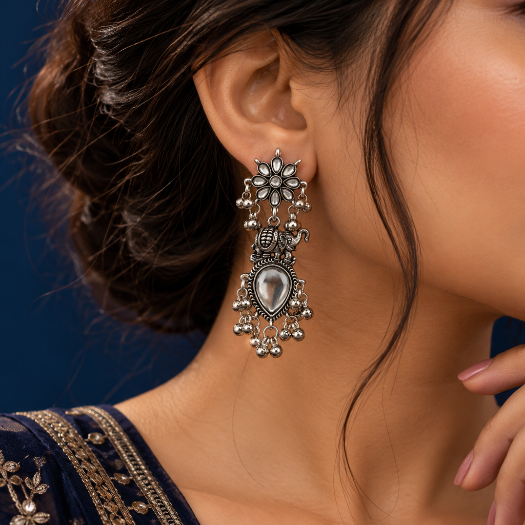 Elephant Oxidised Silver Statement Earrings