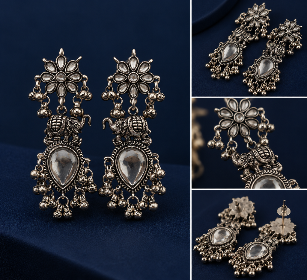 Elephant Oxidised Silver Statement Earrings