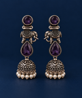 Crimson Elephant Oxidised Silver Jhumka
