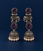 Crimson Elephant Oxidised Silver Jhumka