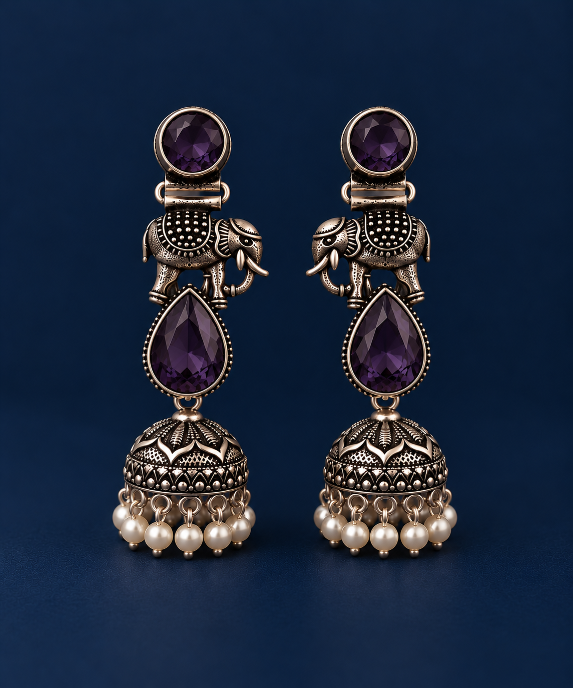 Crimson Elephant Oxidised Silver Jhumka