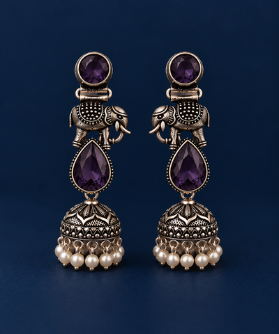 Crimson Elephant Oxidised Silver Jhumka