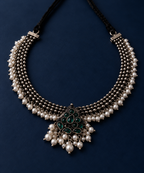 Emerald Pearl Oxidised Silver Navratri Choker Necklace