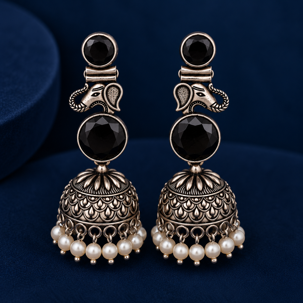 Black Stone Motif Oxidised Jhumka Earrings