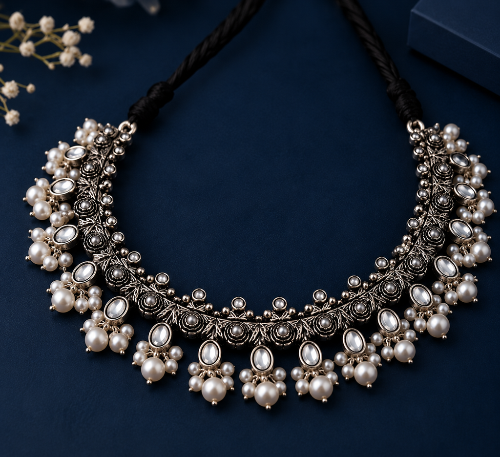 Oxidized Silver Pearl Floral Choker