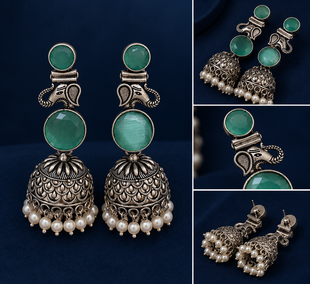 Mint Green Stone Motif Oxidised Jhumka