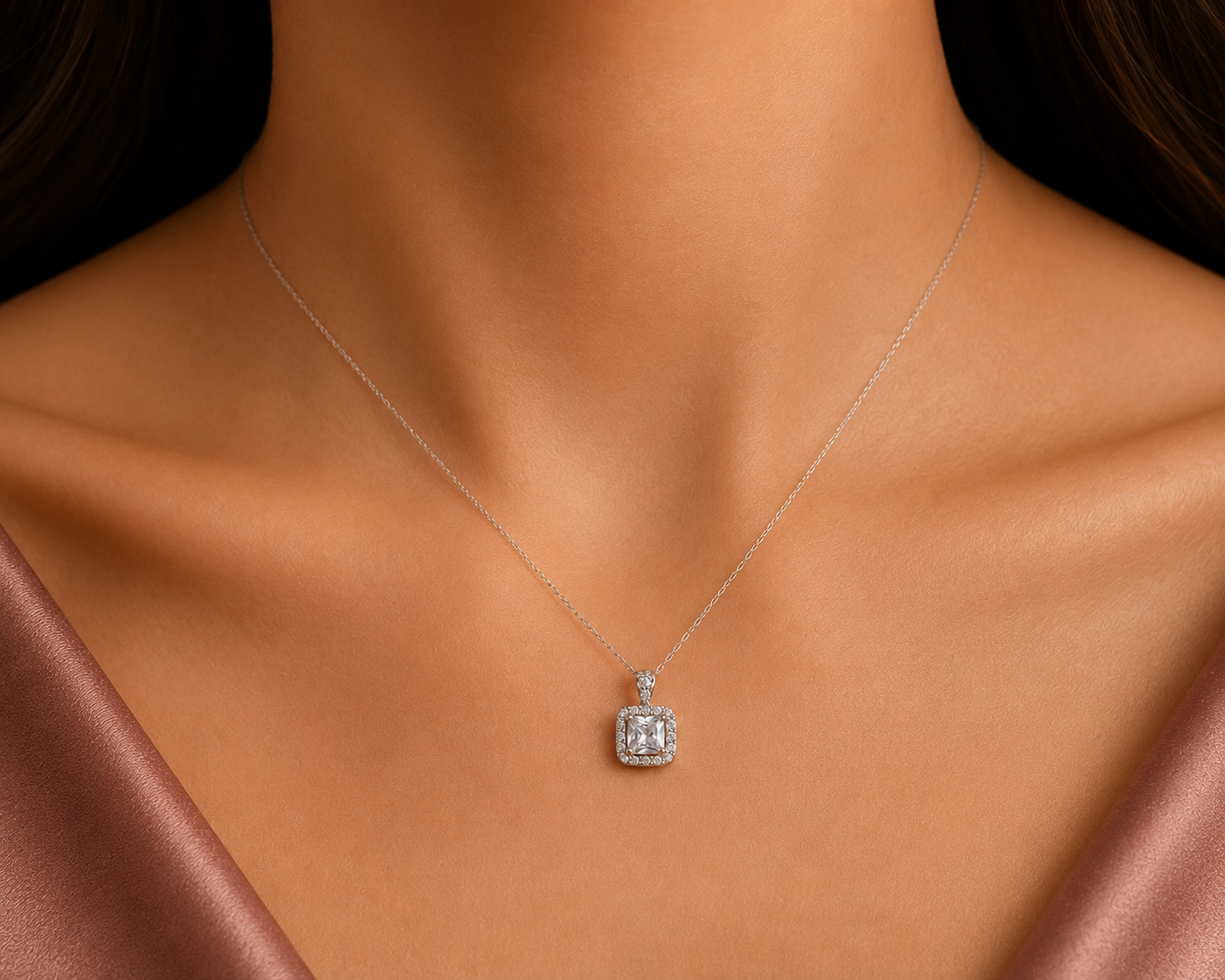 Elegant Square Halo Necklace – Silver