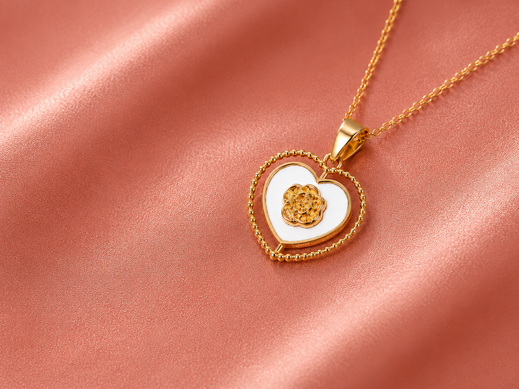 Elegant Gold Heart Pendant Necklace with White Enamel