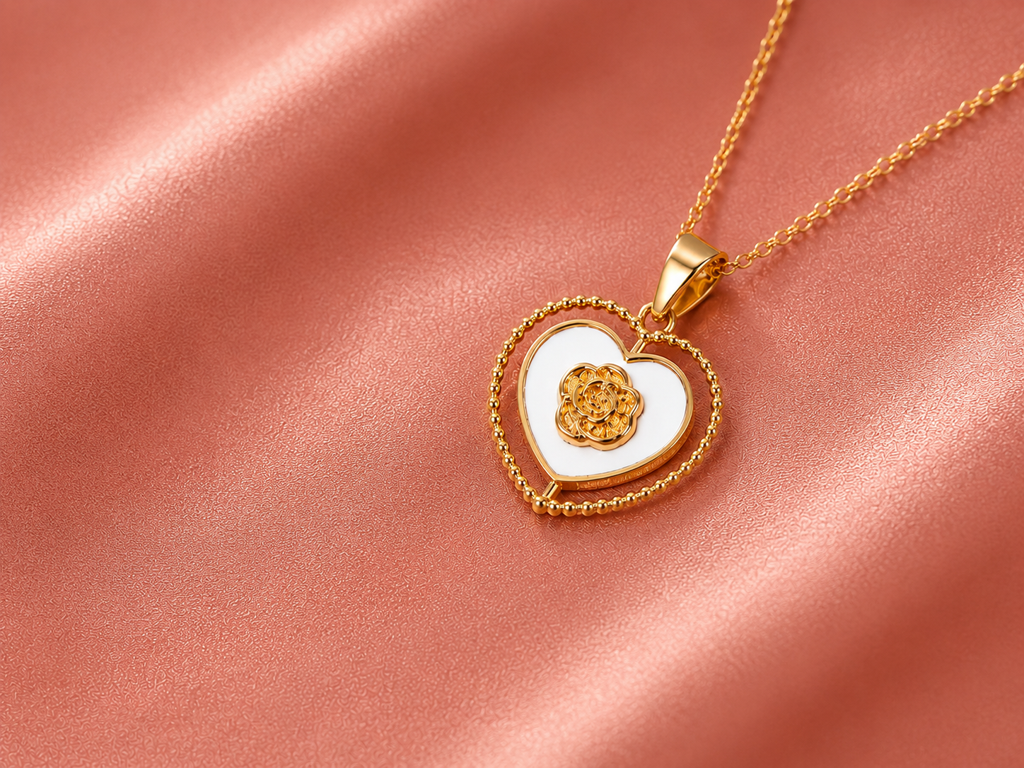 Elegant Gold Heart Pendant Necklace with White Enamel