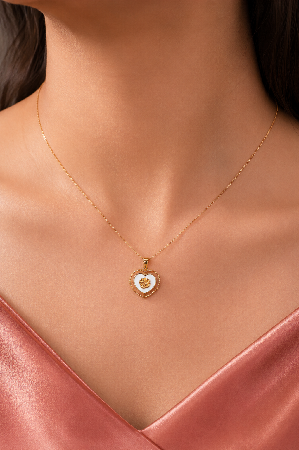 Elegant Gold Heart Pendant Necklace with White Enamel
