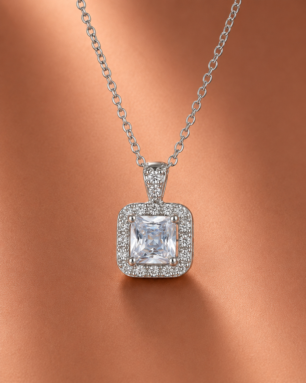 Elegant Square Halo Necklace – Silver