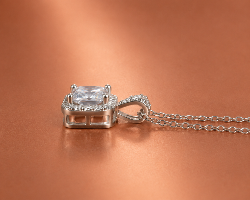 Elegant Square Halo Necklace – Silver