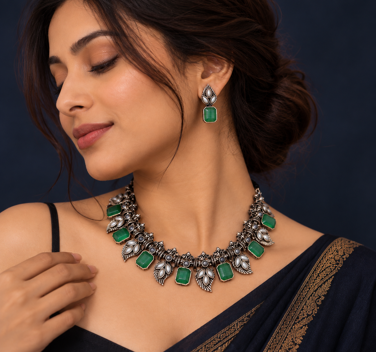 Neelara Teal Stone Statement Necklace & Earrings Set