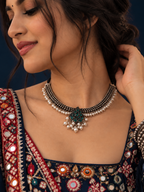 Emerald Pearl Oxidised Silver Navratri Choker Necklace