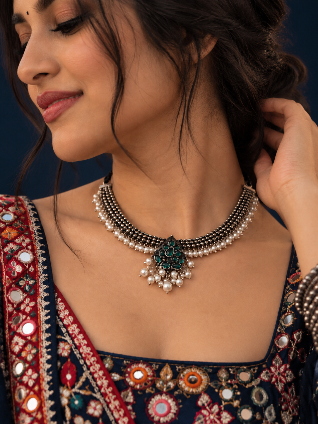 Emerald Pearl Oxidised Silver Navratri Choker Necklace