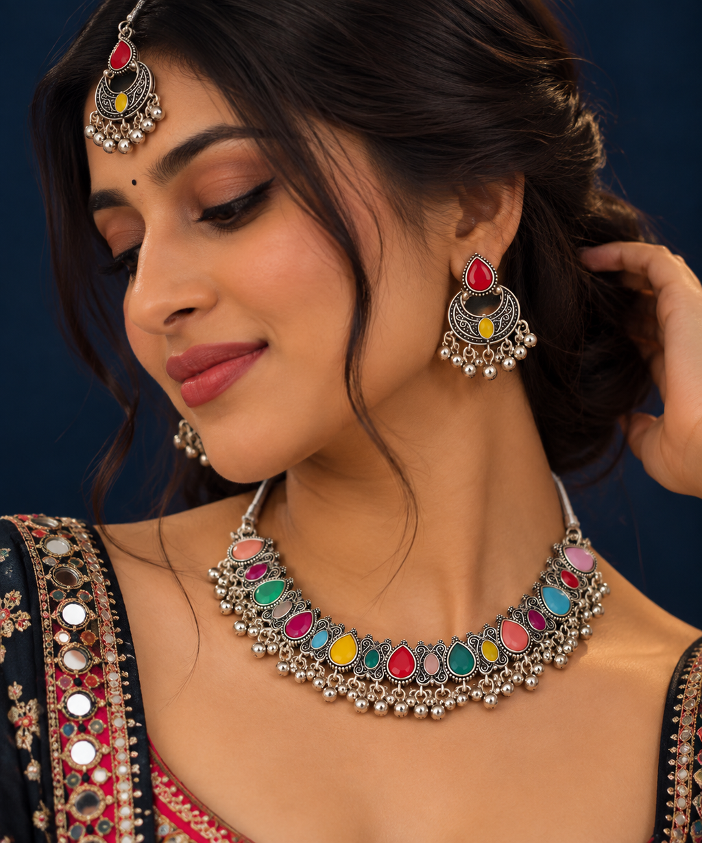 Multicolor Oxidised Silver Navratri Necklace & Jhumka Set