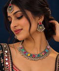 Multicolor Oxidised Silver Navratri Necklace & Jhumka Set