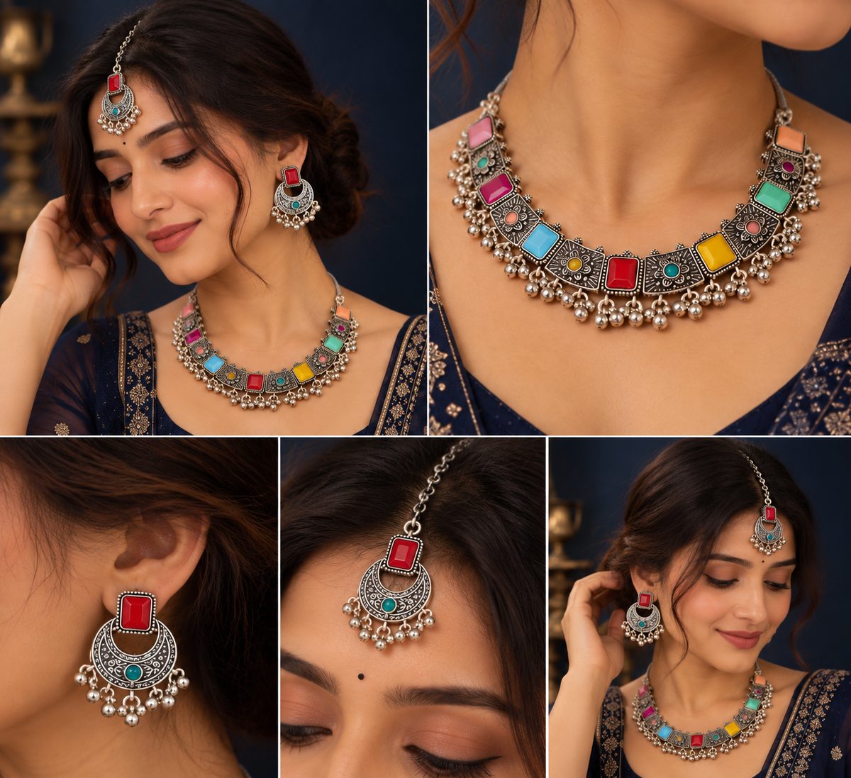 Multicolor Oxidised Silver Statement Necklace Set