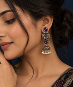 Crimson Elephant Oxidised Silver Jhumka