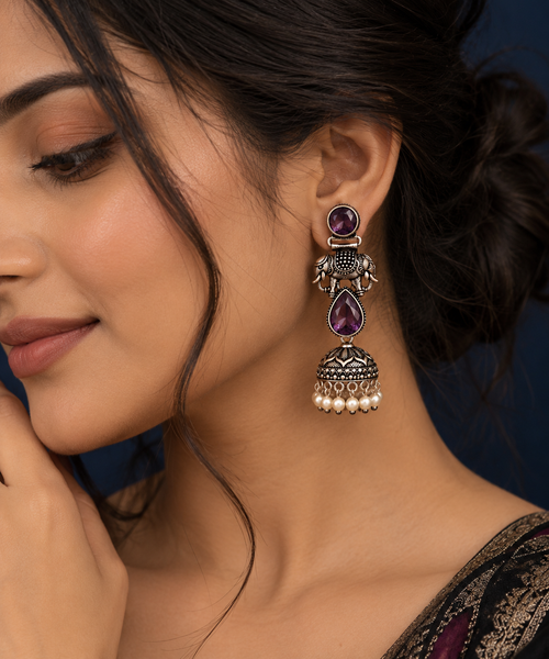 Crimson Elephant Oxidised Silver Jhumka