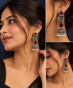 Red Crimson Elephant Oxidised Silver Jhumka