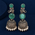 Mint Green Stone Motif Oxidised Jhumka