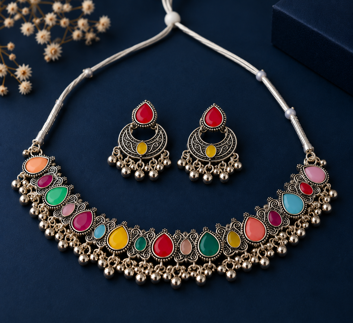 Multicolor Oxidised Silver Navratri Necklace & Jhumka Set