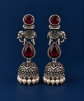 Red Crimson Elephant Oxidised Silver Jhumka