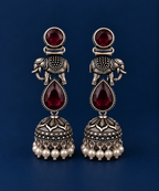Red Crimson Elephant Oxidised Silver Jhumka