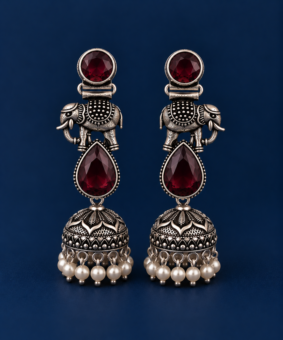 Red Crimson Elephant Oxidised Silver Jhumka