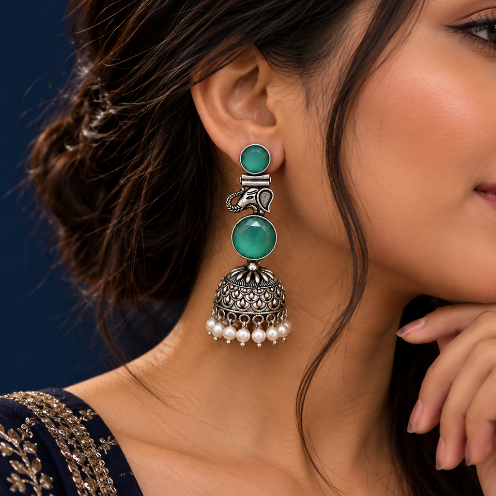Mint Green Stone Motif Oxidised Jhumka