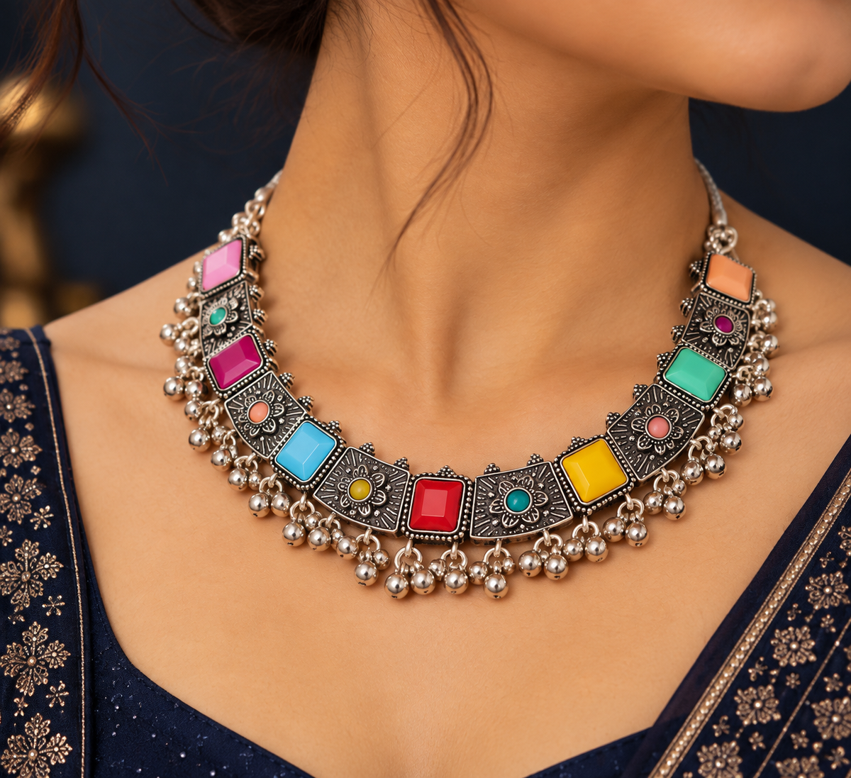 Multicolor Oxidised Silver Statement Necklace Set