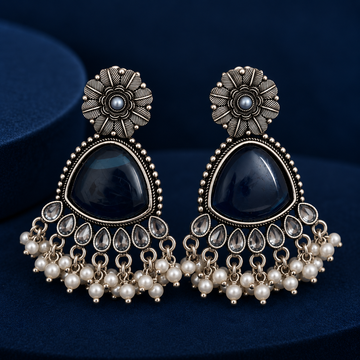 Midnight Blue Pearl Drop Oxidised Earrings