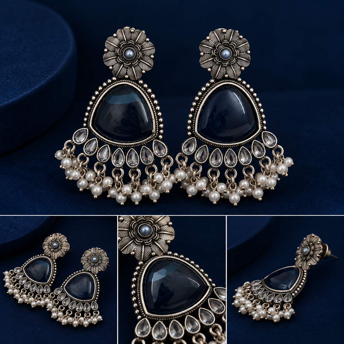 Midnight Blue Pearl Drop Oxidised Earrings