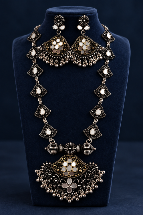 Antique Mirror Bloom Oxidised Necklace Set