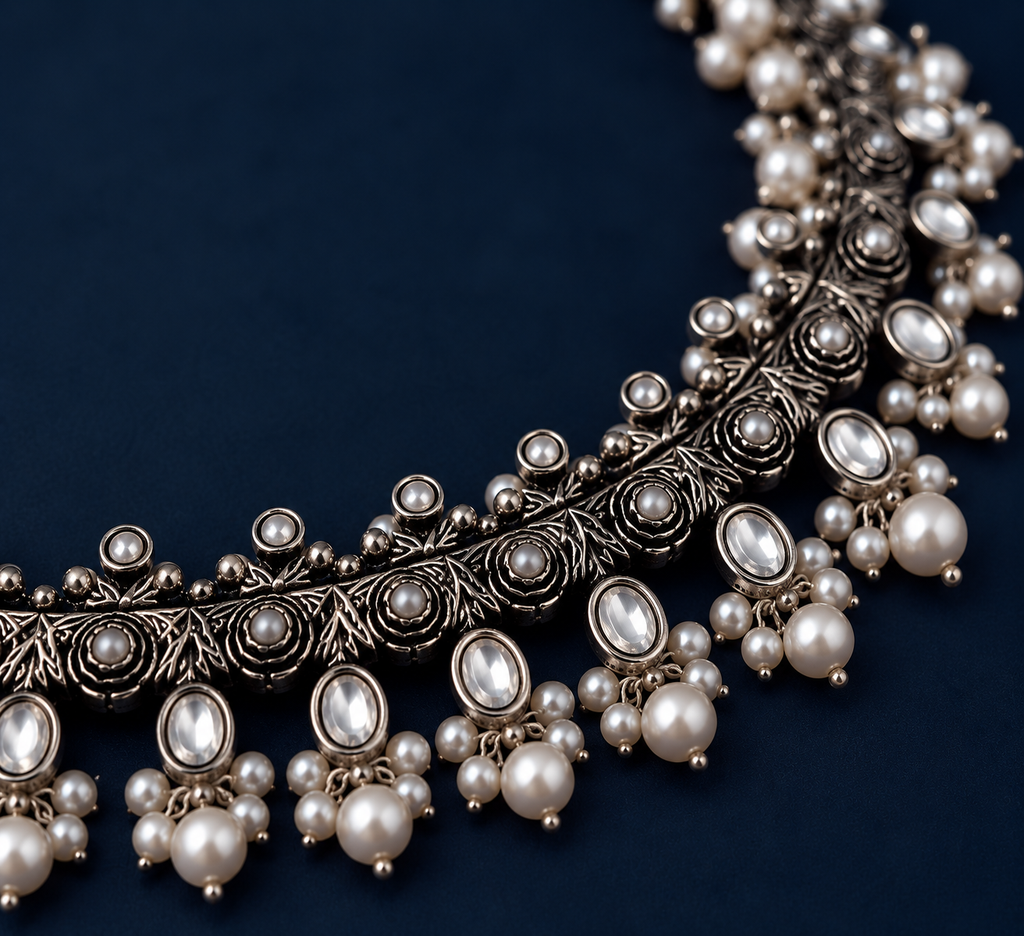 Oxidized Silver Pearl Floral Choker