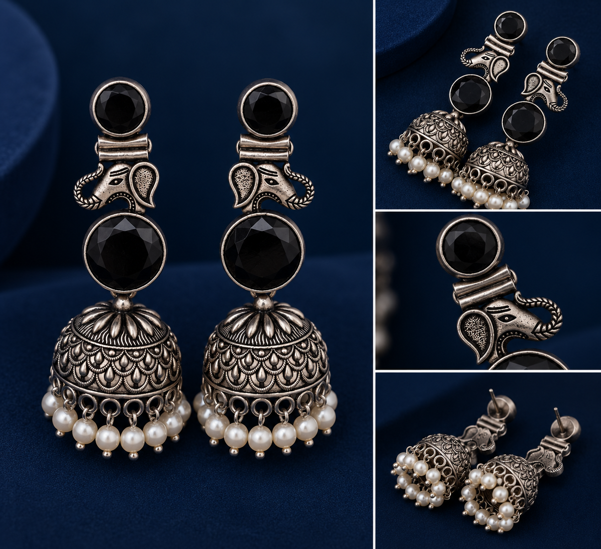 Black Stone Motif Oxidised Jhumka Earrings