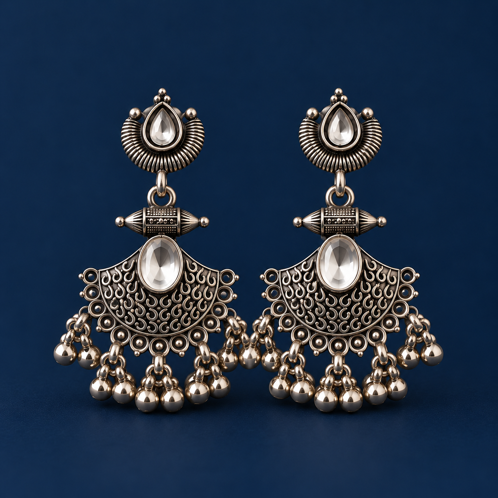 Oxidised Silver Chandbali Jhumka Earrings