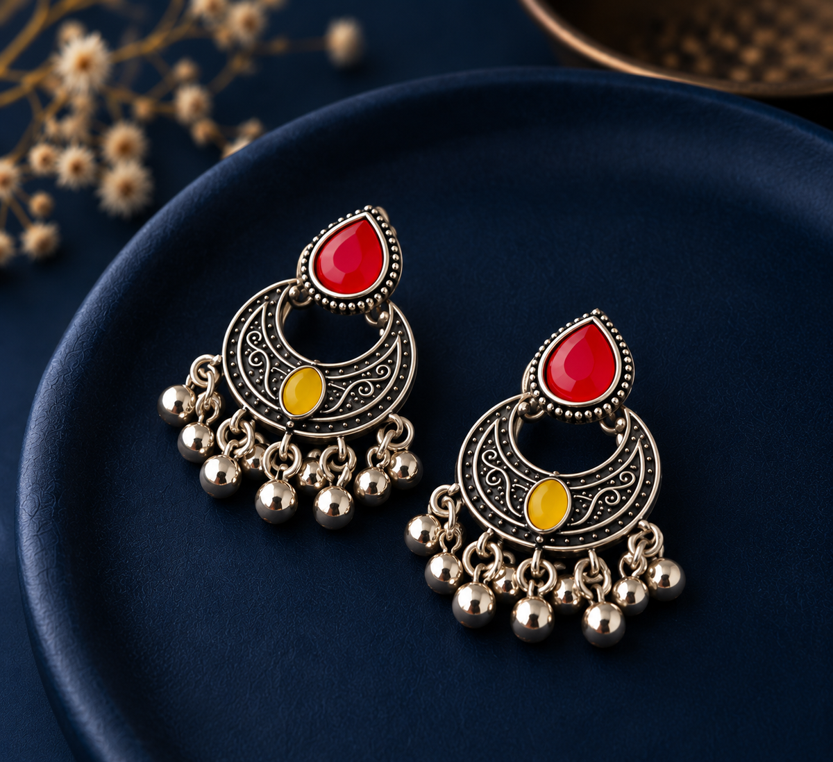Multicolor Oxidised Silver Navratri Necklace & Jhumka Set