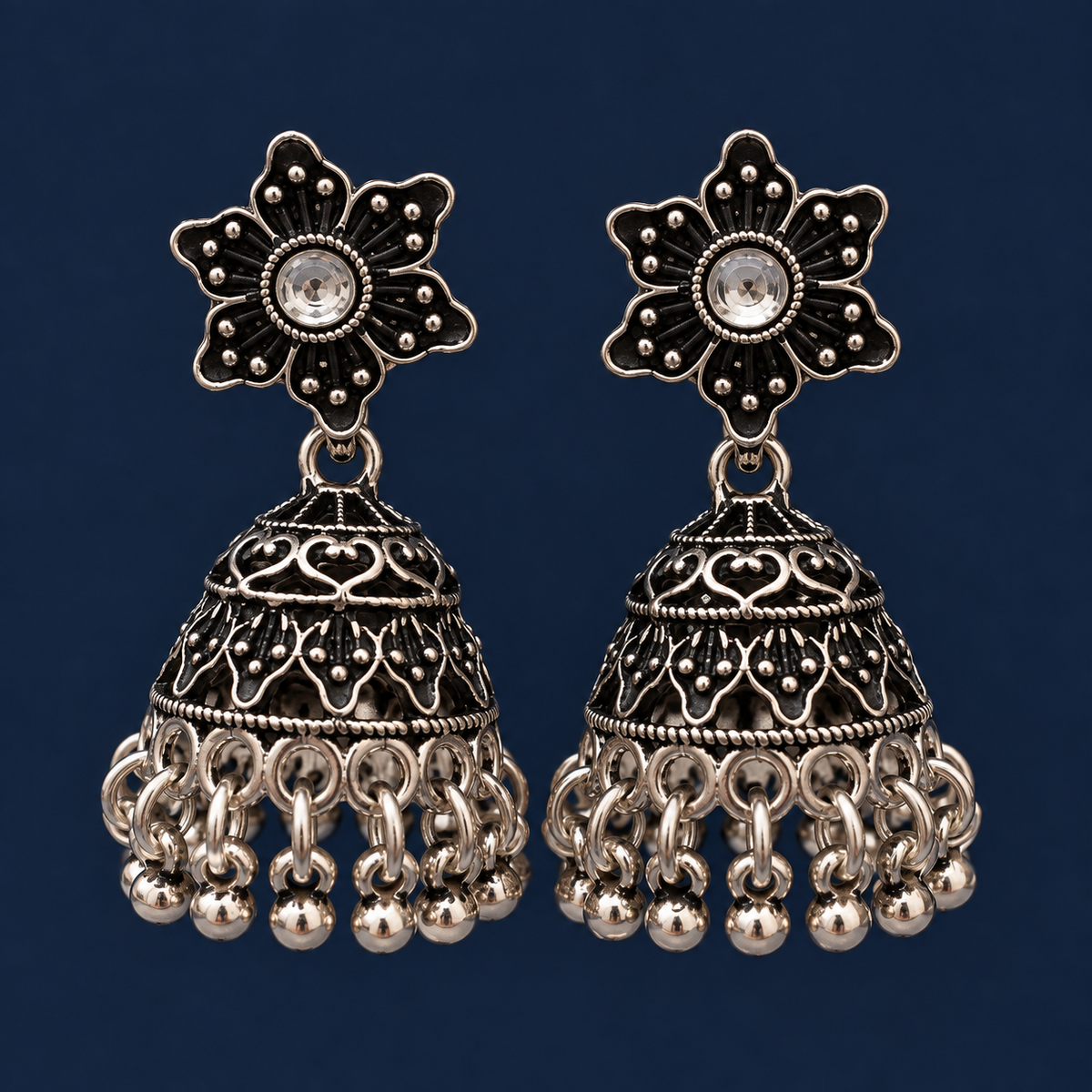 Elegant Floral Oxidised Silver Jhumka