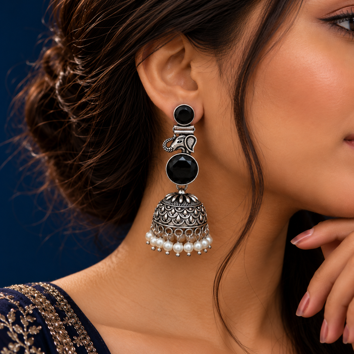 Black Stone Motif Oxidised Jhumka Earrings