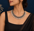 Oxidized Silver Pearl Floral Choker