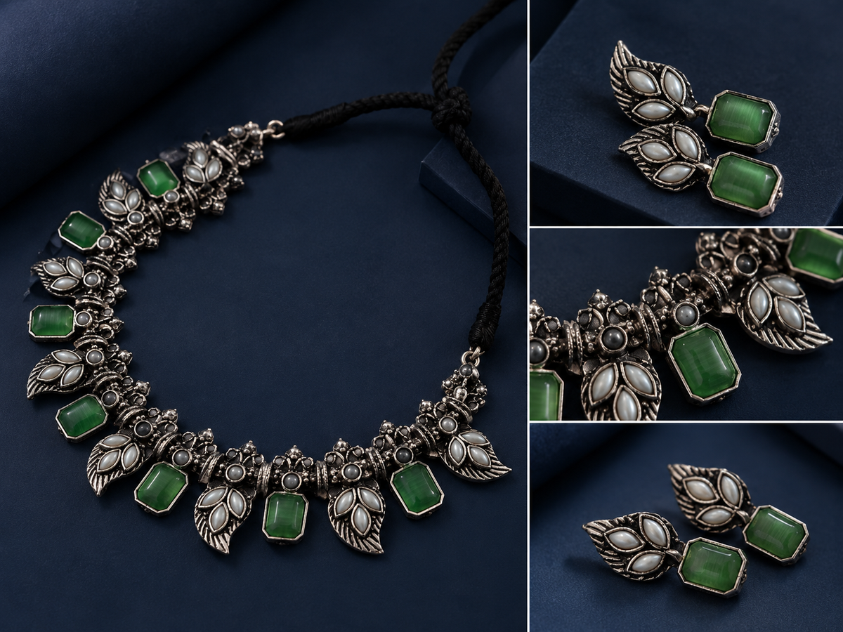 Neelara Teal Stone Statement Necklace & Earrings Set