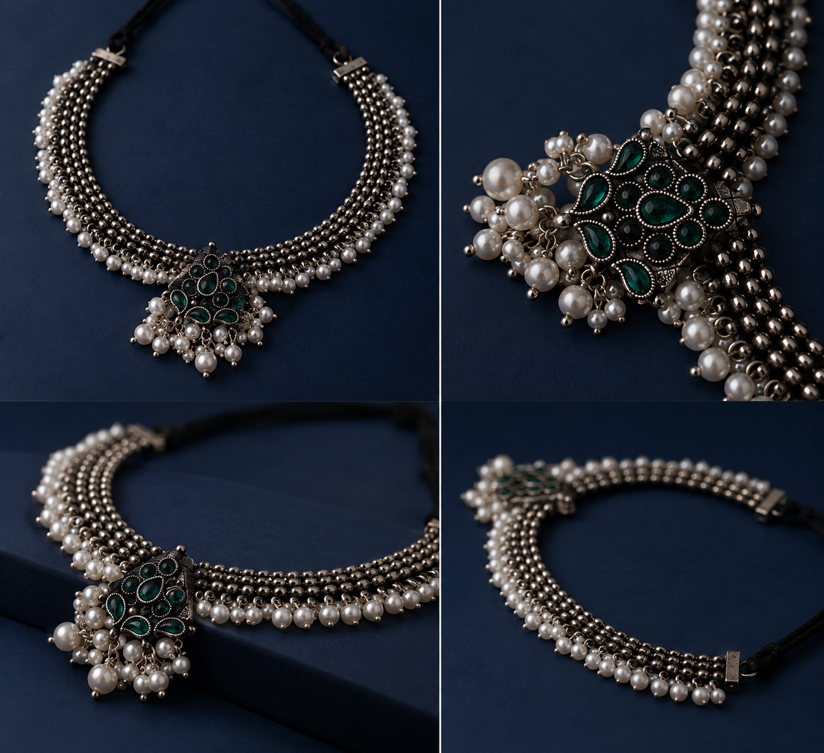 Emerald Pearl Oxidised Silver Navratri Choker Necklace