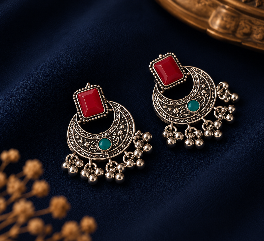 Multicolor Oxidised Silver Statement Necklace Set