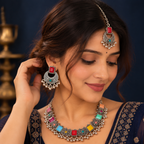 Multicolor Oxidised Silver Statement Necklace Set
