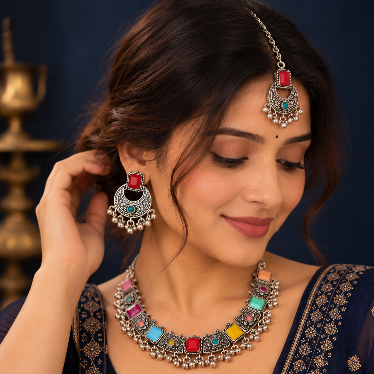 Multicolor Oxidised Silver Statement Necklace Set
