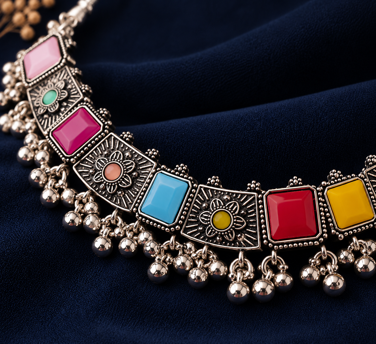 Multicolor Oxidised Silver Statement Necklace Set