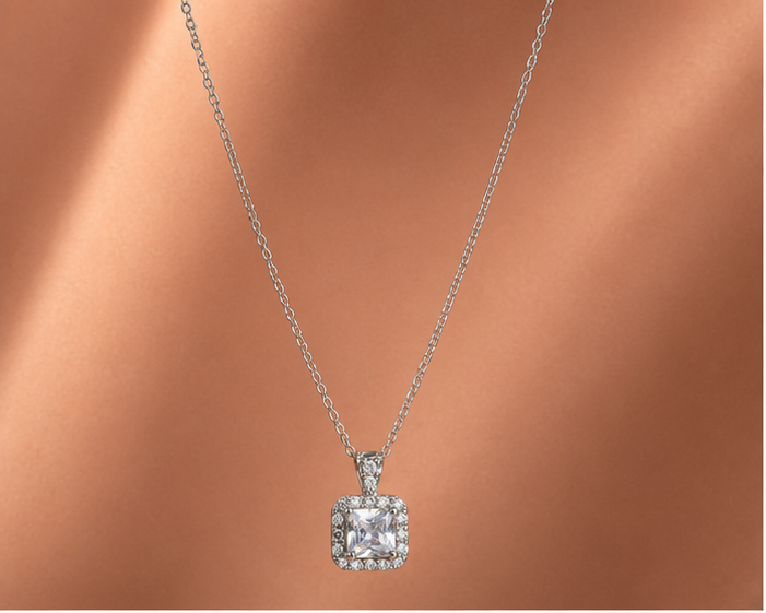 Elegant Square Halo Necklace – Silver